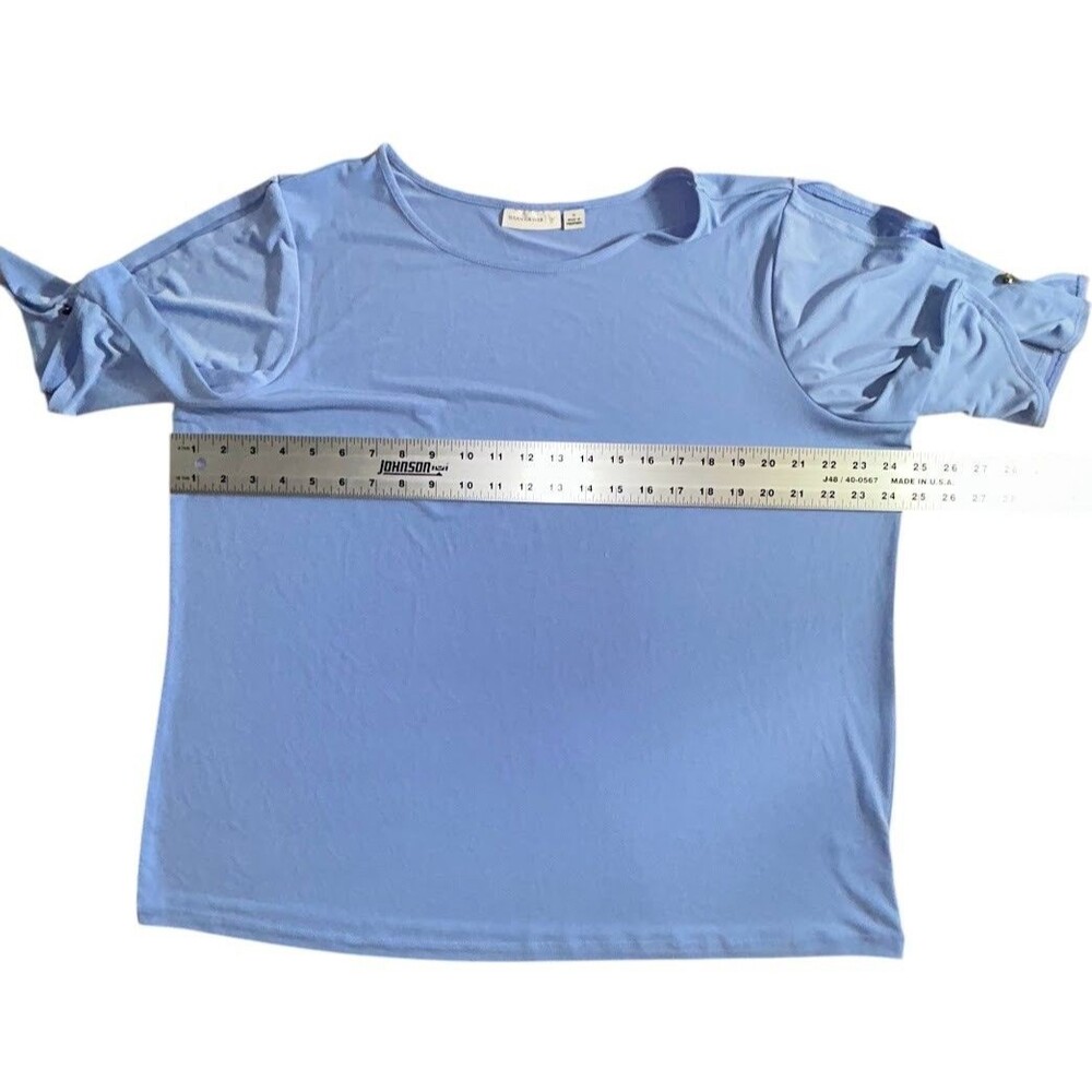 Susan Graver Minimalist Casual Top 1X Blue Cold Shoulder Stretch No Iron Women - Picture 7 of 12